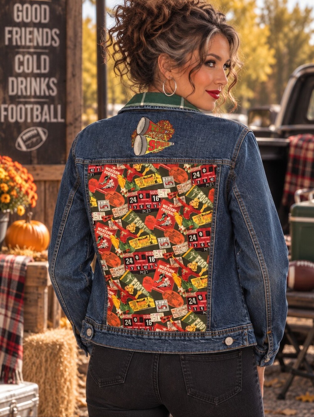Old Navy L One of a Kind Vintage Football Denim Jacket Embroidered Game Day